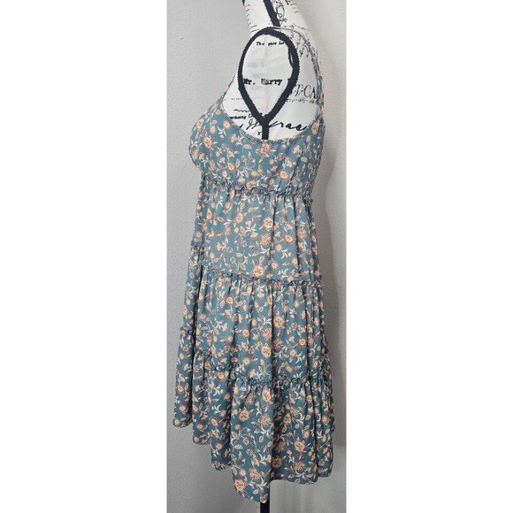 Bloomfield A-Line Floral Teal Brown Cream Spaghetti Strap Ruffled Sundress Large - Picture 3 of 12